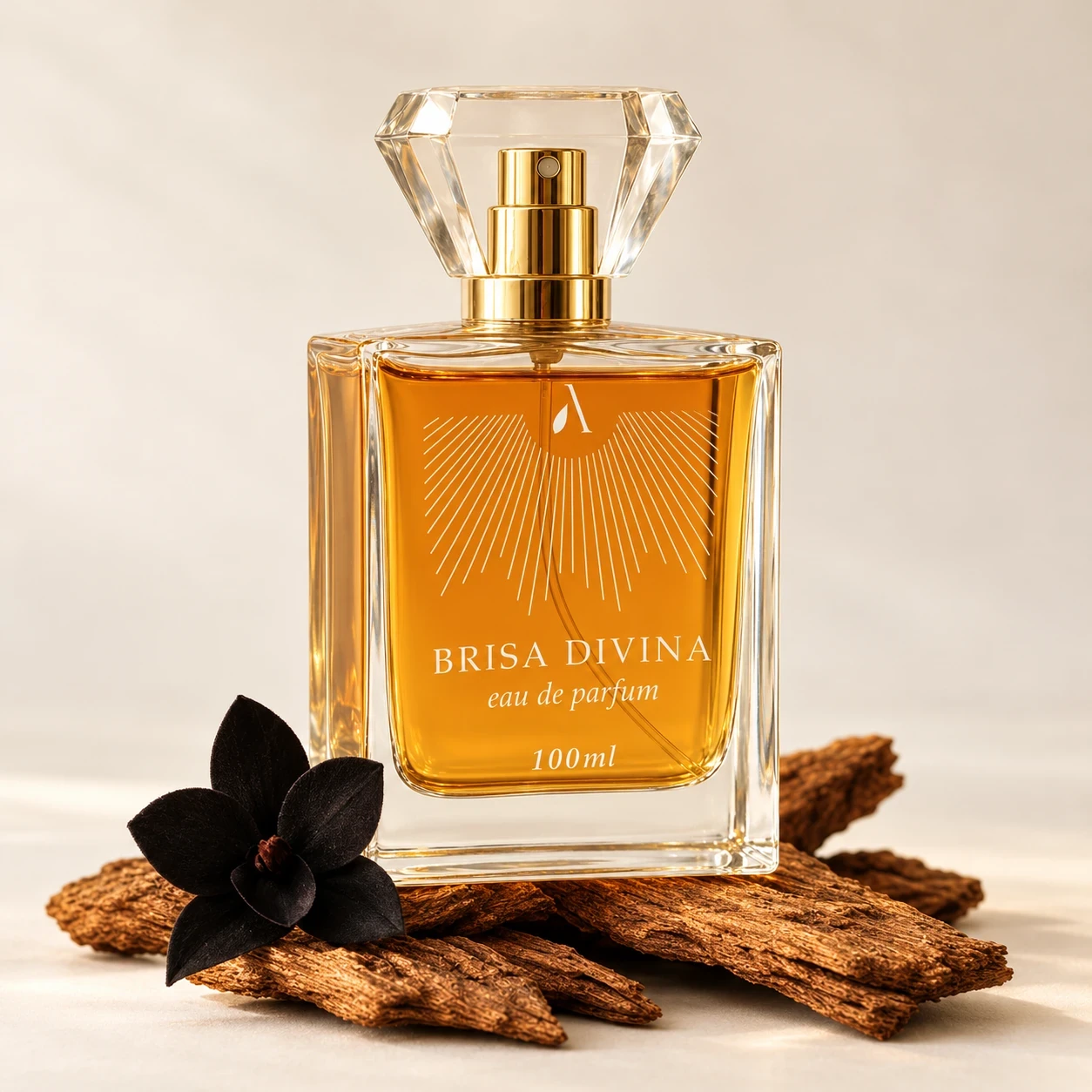 Frasco do perfume Brisa Divina 100ml sobre lascas de madeira, com uma flor escura