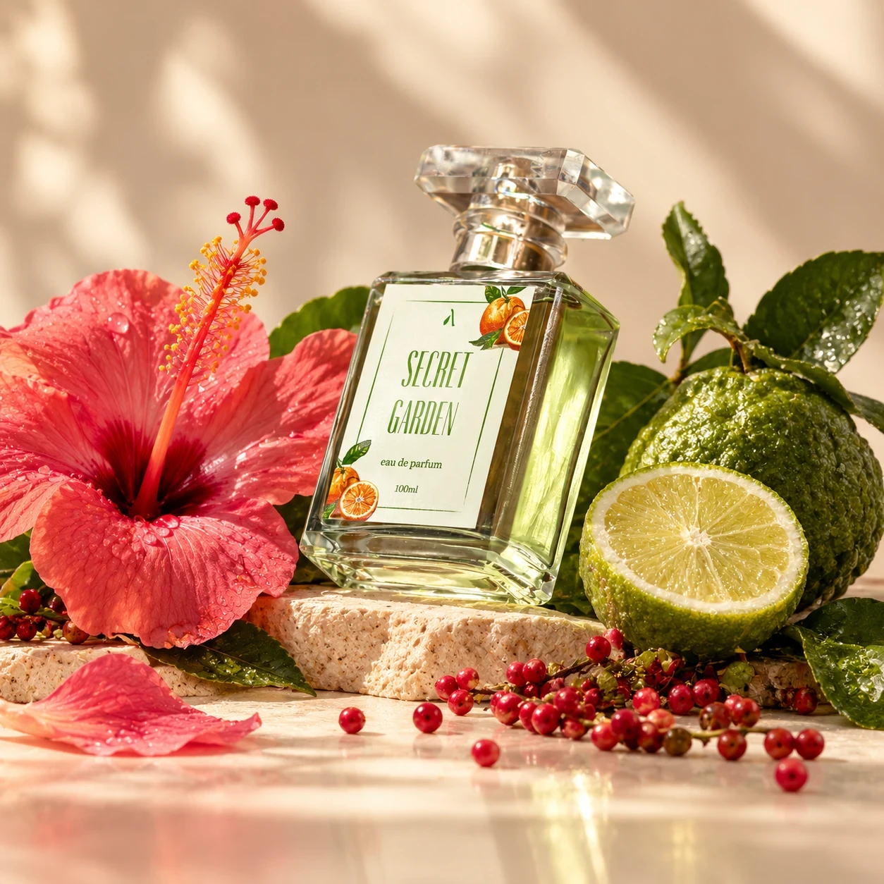 Frasco do perfume Secret Garden 100ml com flor de hibisco, bergamota e pimenta rosa